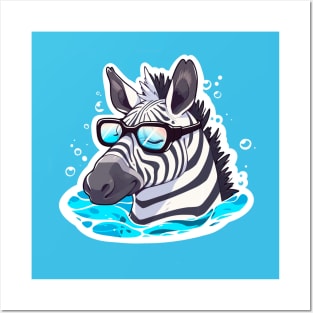 A zebra with glasses is resting in the water. Posters and Art